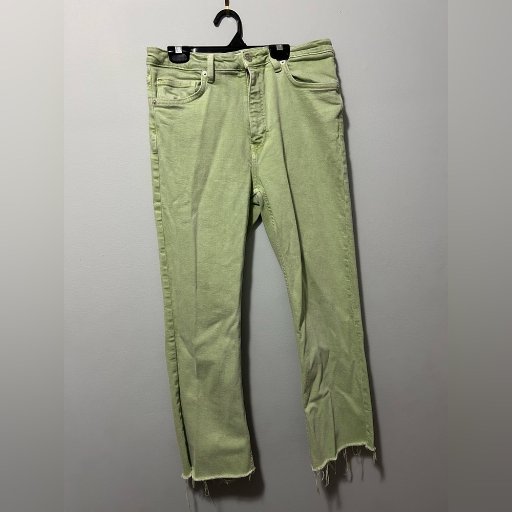 Zara Pastel Green Raw Hem Straight Leg Demin Pants